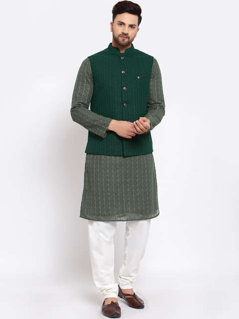 

MOHANLAL SONS Men Green Chikankari Embroidered Kurta with Churidar & Nehru Jacket