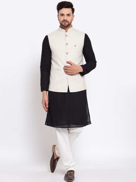 

MOHANLAL SONS Men Black & White Layered Silk Georgette Kurta with Pyjamas & Nehru Jacket