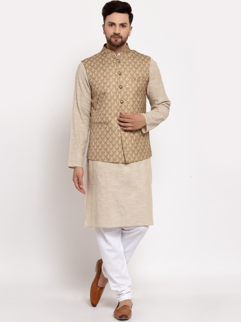 

MOHANLAL SONS Men Beige & White Pure Cotton Kurta with Pyjamas & Nehru Jacket