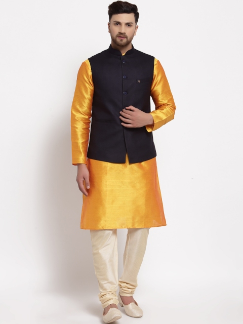 

MOHANLAL SONS Men Yellow & Black Dupion Silk Kurta with Churidar & Nehru Jacket