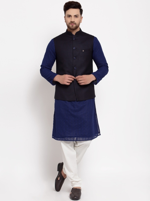 

MOHANLAL SONS Men Navy Blue & White Silk Georgette Kurta with Pyjamas & Nehru Jacket