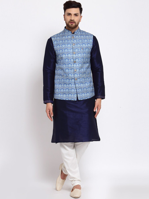 

MOHANLAL SONS Men Navy Blue Dupion Silk Kurta with Pyjamas & Nehru Jacket