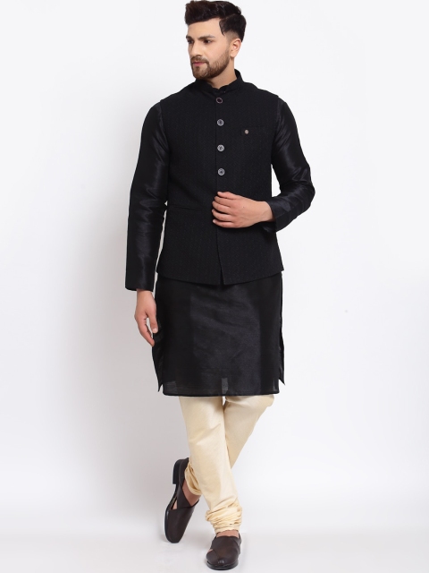 

MOHANLAL SONS Men Black & Cream Coloured Chikankari Kurta with Churidar & Nehru Jacket