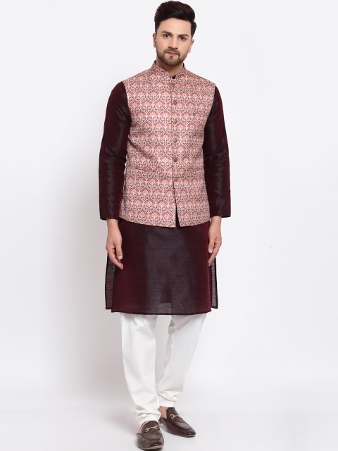 

MOHANLAL SONS Men Burgundy Layered Dupion Silk Kurta with Pyjamas With Nehru Jacket