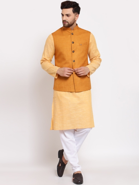 

MOHANLAL SONS Men Mustard Yellow Pure Cotton Kurta with Churidar & Nehru Jacket
