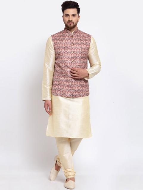 

MOHANLAL SONS Men Gold-Toned & Maroon Layered Dupion Silk Kurta & Pyjamas & Nehru Jacket