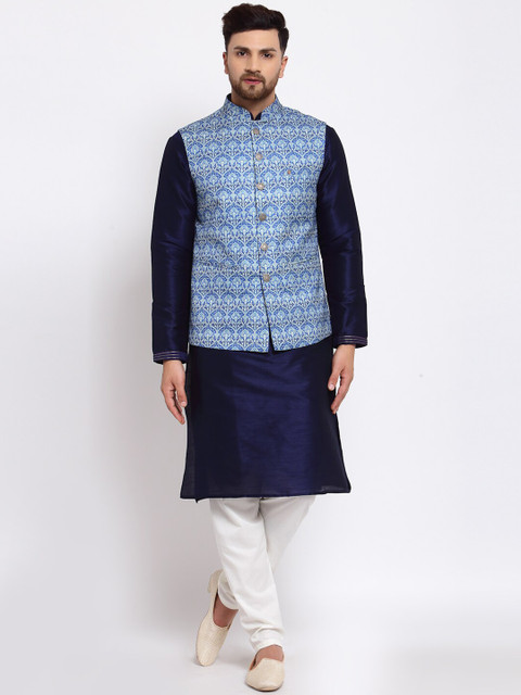 

MOHANLAL SONS Men Navy Blue Dupion Silk Kurta with Pyjamas & Nehru Jacket