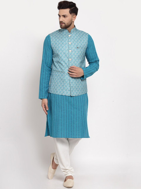 

MOHANLAL SONS Men Turquoise Blue Layered Pure Cotton Kurta with Pyjamas With Nehru Jacket