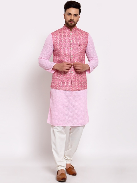 

MOHANLAL SONS Men Pink Chikankari Silk Georgette Kurta with Churidar & Nehru Jacket