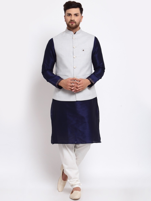 

MOHANLAL SONS Men Navy Blue Dupion Silk Kurta with Pyjamas & Nehru Jacket