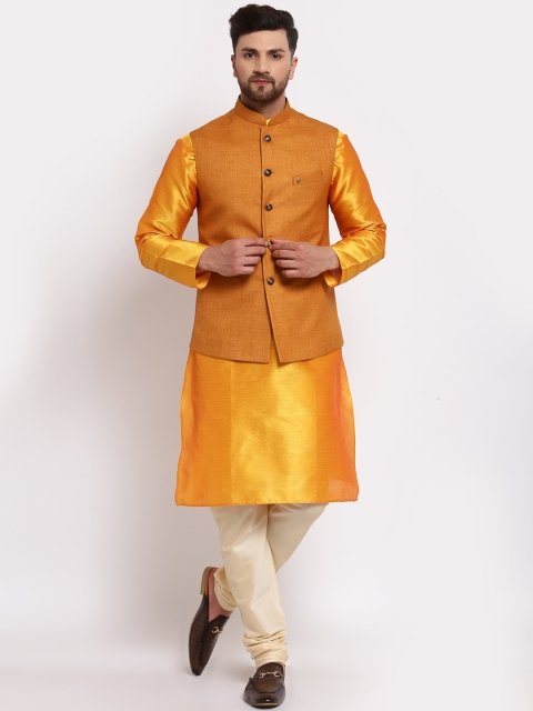 

MOHANLAL SONS Men Yellow Dupion Silk Kurta with Pyjamas With Nehru Jacket