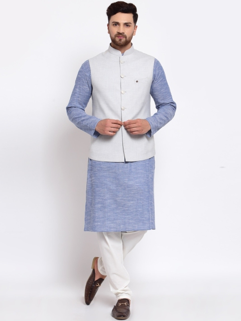 

MOHANLAL SONS Men Blue Pure Cotton Kurta with Pyjamas & Nehru Jacket