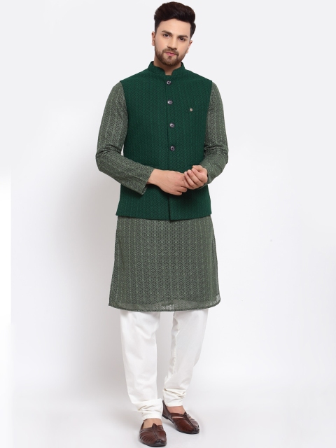 

MOHANLAL SONS Men Green Embroidered Chikankari Silk Georgette Kurta Set With Nehru Jacket