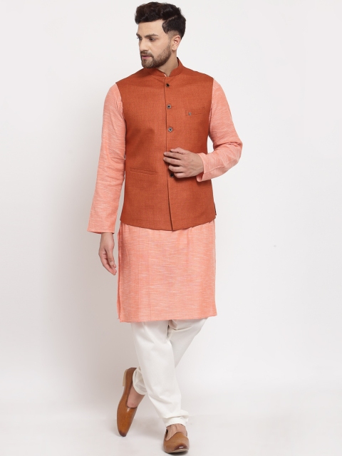 

MOHANLAL SONS Men Peach-Coloured Pure Cotton Kurta & Churidar With Nehru Jacket