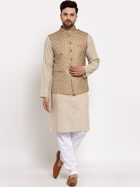 

MOHANLAL SONS Men Beige & White Pure Cotton Kurta with Churidar & Nehru Jacket