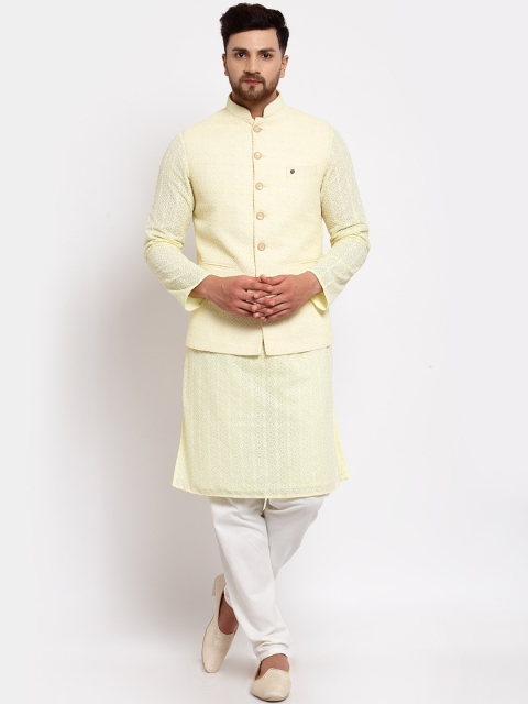 

MOHANLAL SONS Men Yellow & White Silk Georgette Kurta with Pyjamas & Nehru Jacket