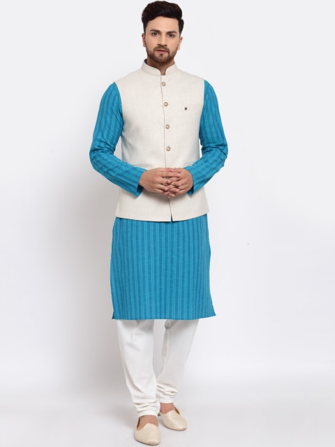 

MOHANLAL SONS Men Turquoise Blue Striped Pure Cotton Kurta with Pyjamas & Nehru Jacket