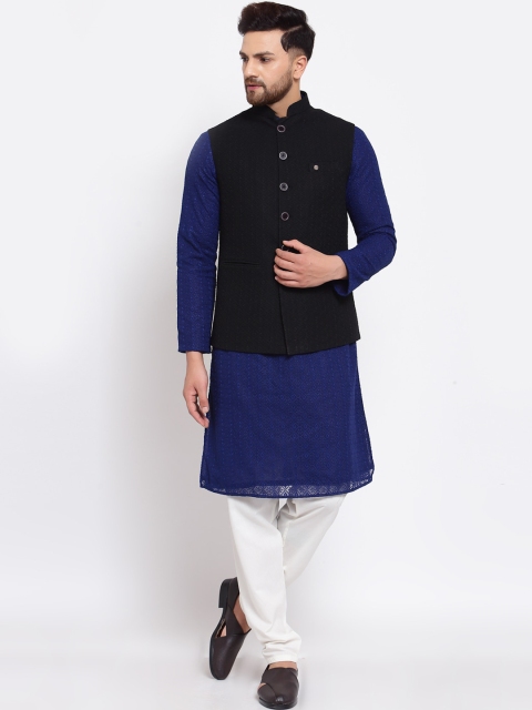 

MOHANLAL SONS Men Navy Blue Chikankari Silk Georgette Kurta & Churidar With Nehru Jacket