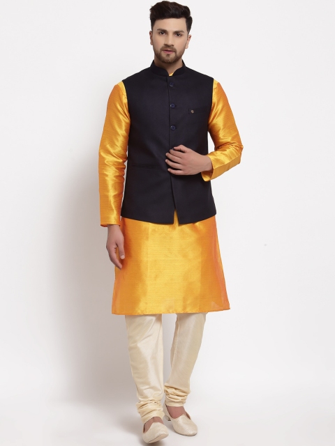 

MOHANLAL SONS Men Yellow & Black Dupion Silk Kurta with Churidar & Nehru Jacket