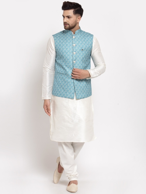 

MOHANLAL SONS Men Cream-Coloured & Blue Layered Dupion Silk Kurta Pyjamas & Nehru Jacket