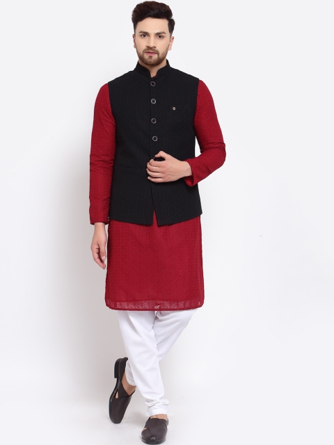 

MOHANLAL SONS Men Maroon Chikankari Silk Georgette Kurta with Pyjamas & Nehru Jacket