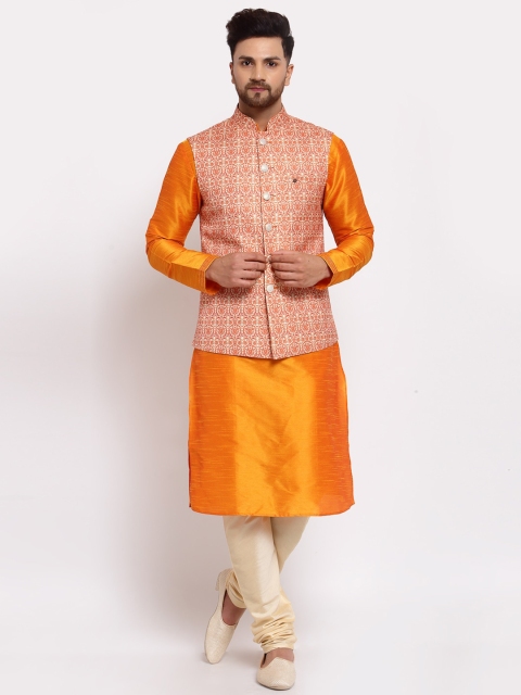 

MOHANLAL SONS Men Orange Layered Dupion Silk Kurta with Churidar With Nehru Jacket