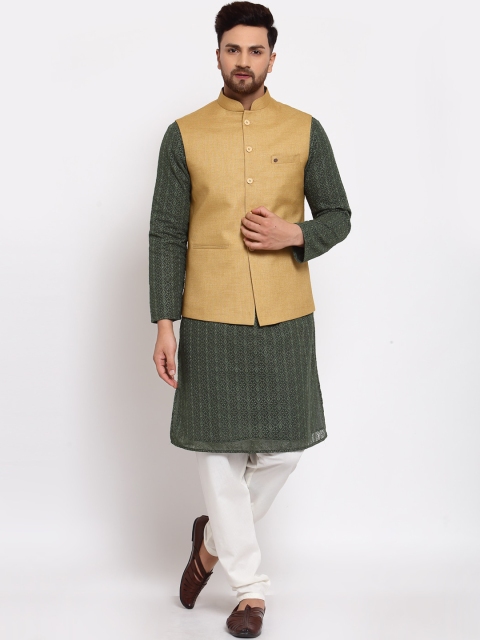 

MOHANLAL SONS Men Green Embroidered Silk Georgette Kurta with Pyjamas & Nehru Jacket