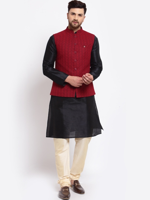 

MOHANLAL SONS Men Black & Gold-Toned Layered Dupion Silk Kurta with Pyjamas & Nehru Jacket