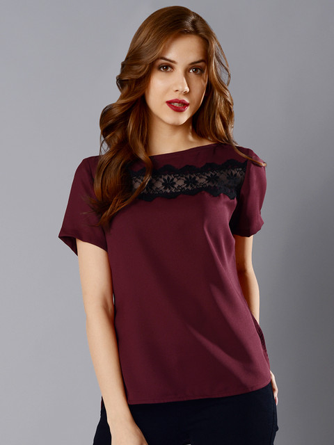 

FabAlley Women Maroon Lace Insert High-Low Top