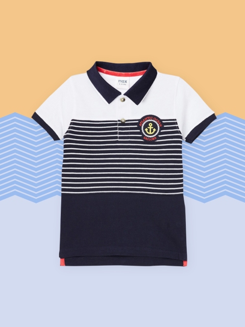 

max Boys Navy Blue & White Striped Polo Collar Applique Pure Cotton T-shirt