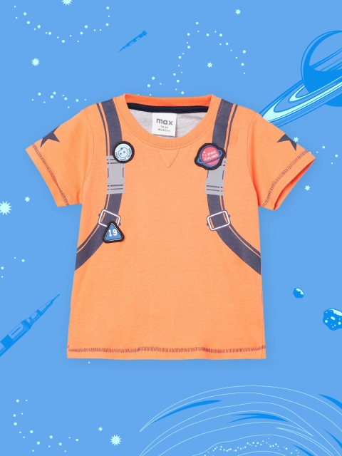 

max Boys Orange & Blue Printed Applique Cotton T-shirt