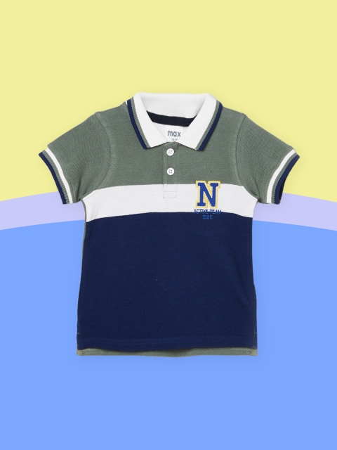 

max Boys Blue & Green Colourblocked Polo Collar Applique Cotton T-shirt