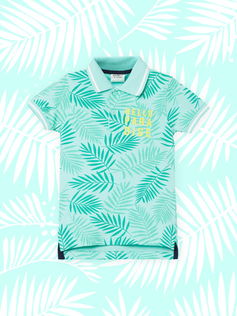 

max Boys Green Tropical Printed Polo Collar T-shirt