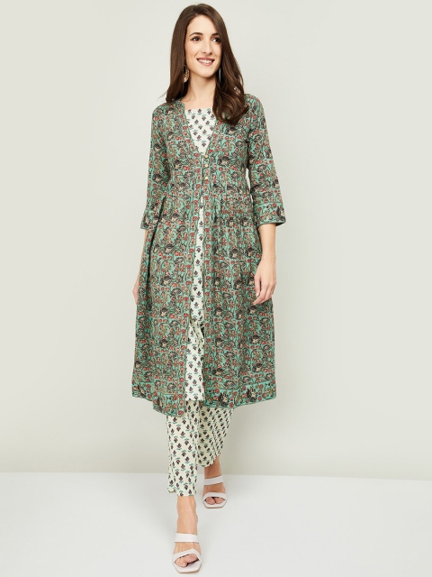 

Melange by Lifestyle Women Green Printed Empire Pure Cotton Kurta with Trousers