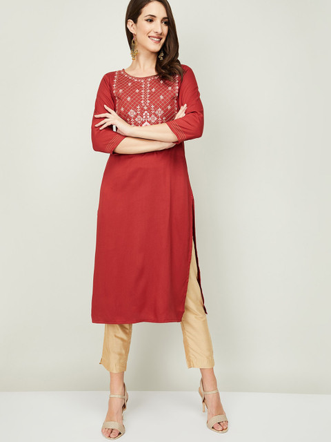 

Melange by Lifestyle Women Red Floral Embroidered Kurta