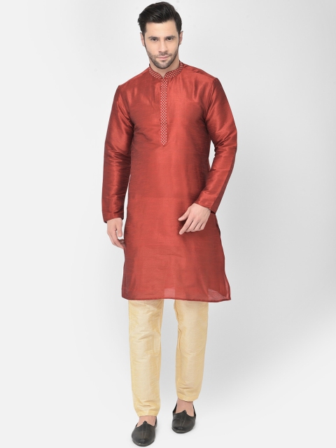 

DEYANN Men Red Dupion Silk Kurta with Pyjamas