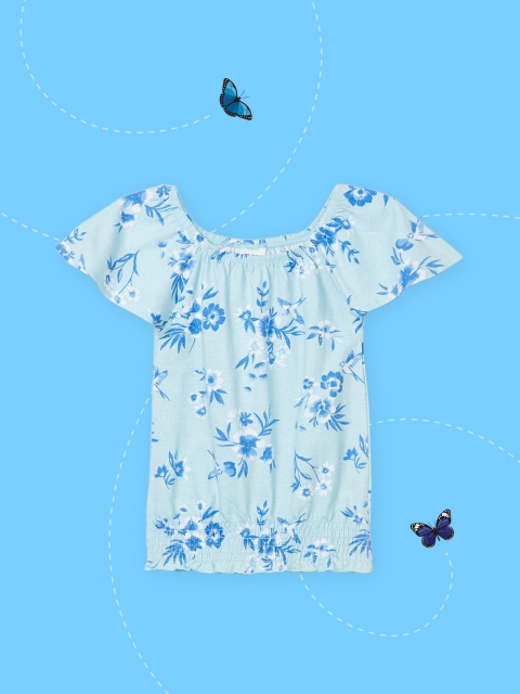 

max Blue Girls Floral Printed Pure Cotton Top
