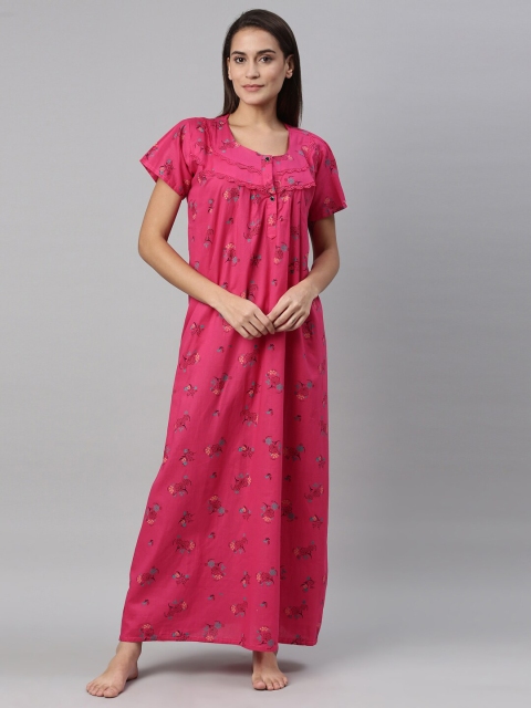 

TRUNDZ Women Pink Floral Printed Pure Cotton Maxi Night Dress