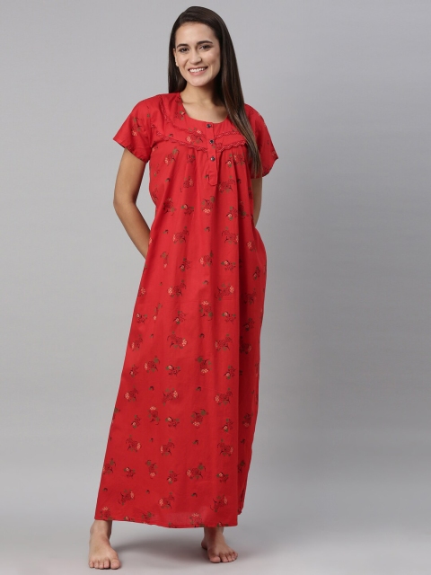 

TRUNDZ Red Pure Cotton Printed Maxi Nightdress