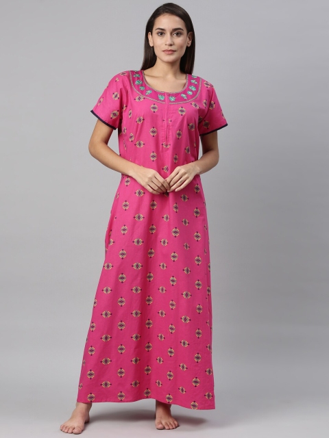 

TRUNDZ Pink Printed Maxi Pure Cotton Nightdress