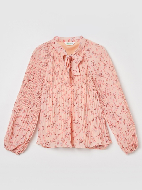 

Bossini Girls Peach-Coloured Floral Print Tie-Up Neck Accordion Pleated A-line Top