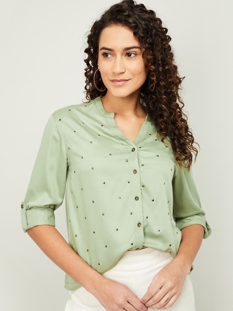 

Fame Forever by Lifestyle Olive Green & Silver-Toned Embellished Shirt Style Top