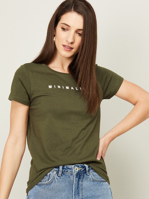

Fame Forever by Lifestyle Women Olive Green & White Typography Printed Pure Cotton T-shirt