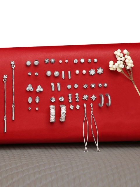 

Lilly & sparkle Set of 25 Silver-Toned & White Contemporary Studs Earrings
