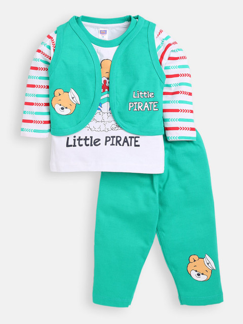 

Nottie Planet Boys Green & White Cotton Printed T-shirt with Trousers And Waist Coat
