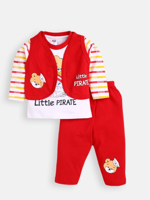

Nottie Planet Boys Red & White Printed T-shirt with waist coat & full pant set
