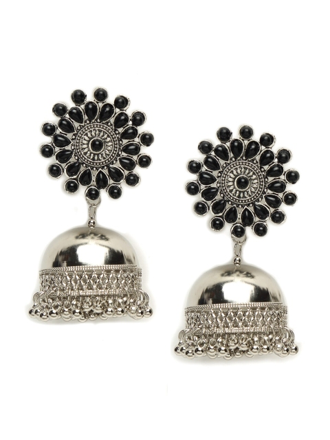 

NEUDIS Silver-Toned & Black Dome Shaped Jhumkas Earrings