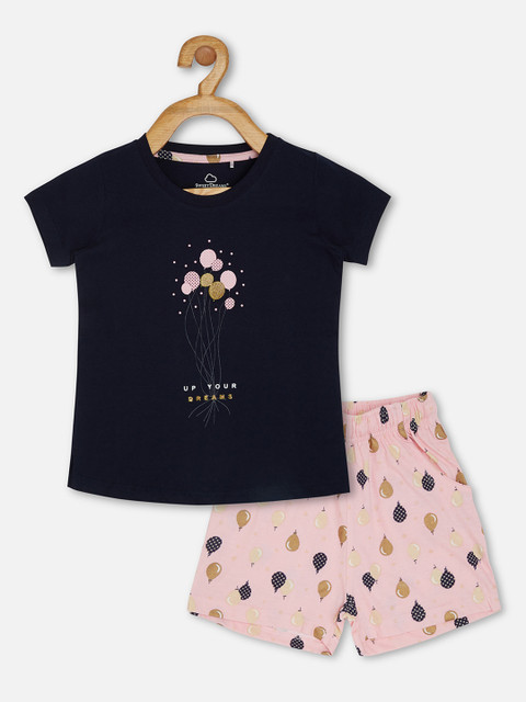 

Sweet Dreams Girls Navy Blue & Pink Printed Shorts Night suit