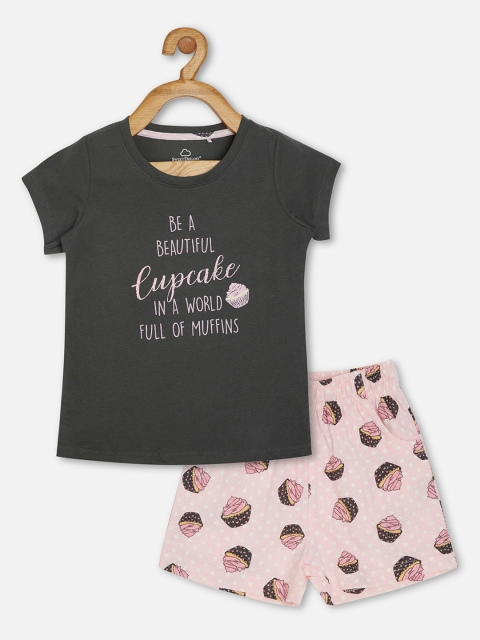

Sweet Dreams Girls Charcoal & Pink Cup Cake Printed Shorts Night suit