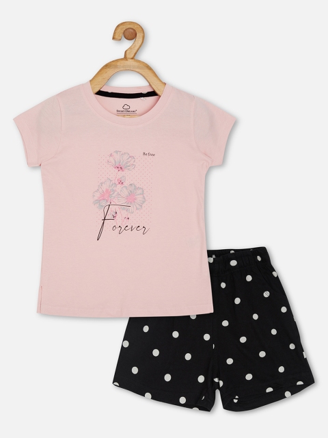 

Sweet Dreams Girls Pink & Black Cotton Blend Printed Night suit